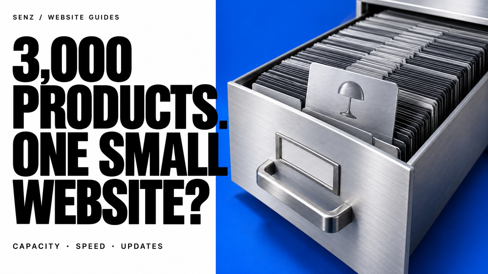 Un cajón de índice plateado contiene fichas metálicas ordenadas sobre azul. Texto en inglés: 3,000 Products. One Small Website? Capacity, Speed, Updates.
