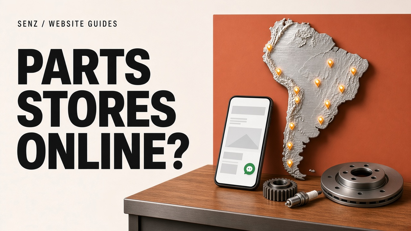 Parts Stores Online? A brushed-metal relief map of South America with location pins and a smartphone showing a simple website, on an auto-parts counter.