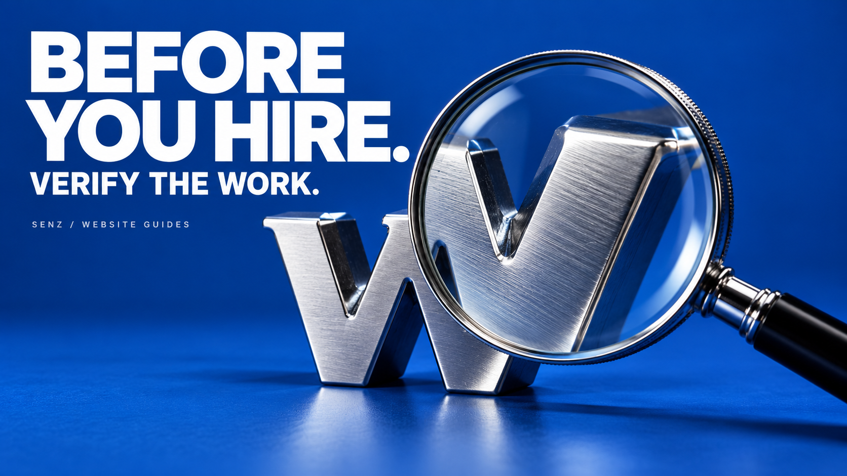 Before You Hire. A magnifying glass reveals the construction of a polished metal letterform on a cobalt-blue background.