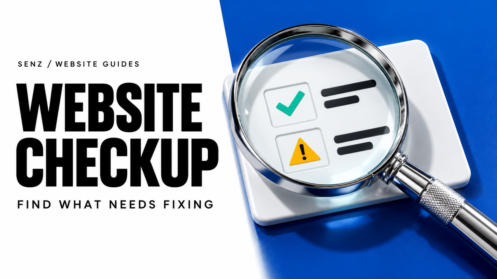 Website Checkup: a metal magnifying lens enlarges a check mark and warning symbol on a website checklist.