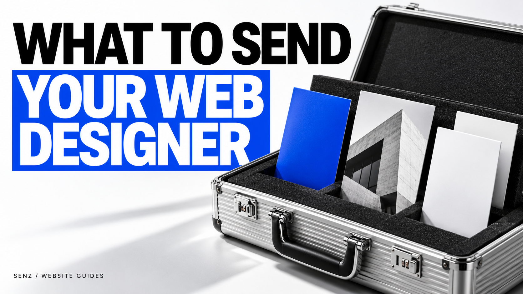 Un maletín de aluminio contiene fichas de contenido y una fotografía. Texto en inglés: What to Send Your Web Designer.