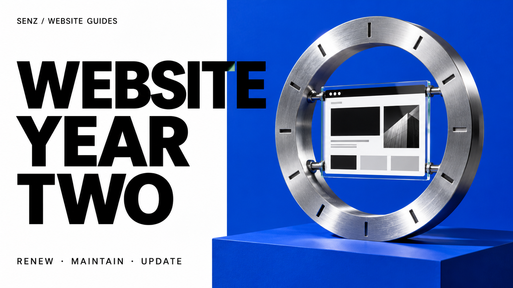 Website Year Two: a brushed-metal annual cycle ring surrounds a website screen; renew, maintain and update.