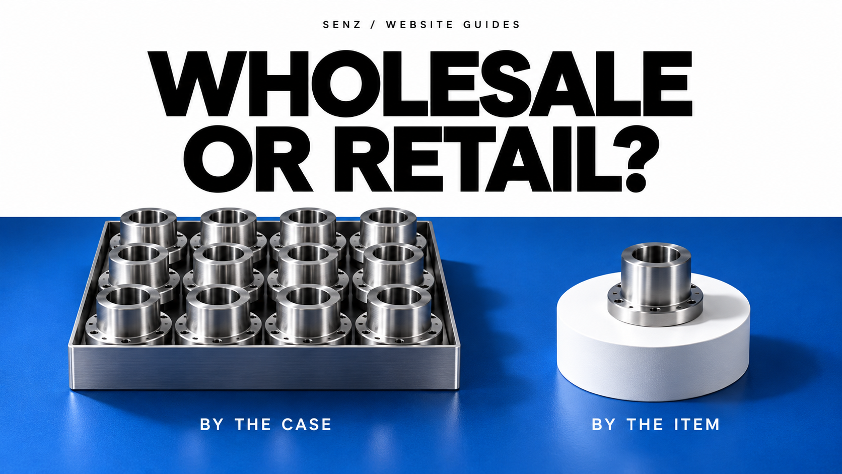Wholesale or Retail? Twelve metal components in a tray and a single matching component on a pedestal.