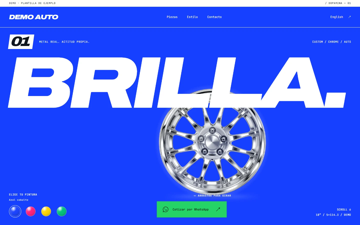 Car styling demo with a chrome wheel and colourful paint choices