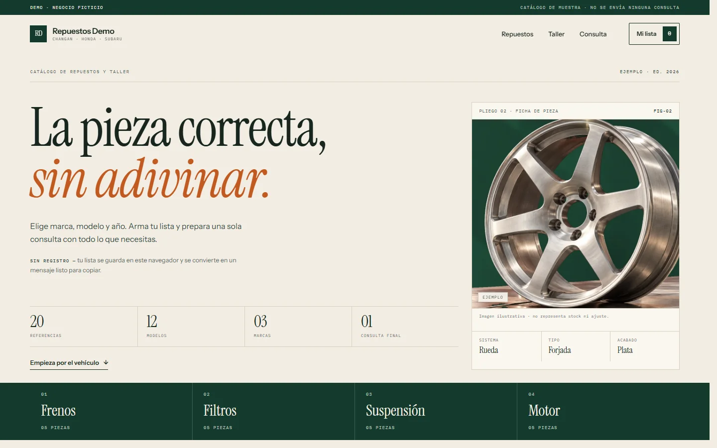 Vehicle and parts enquiry demo — current homepage with forged wheel