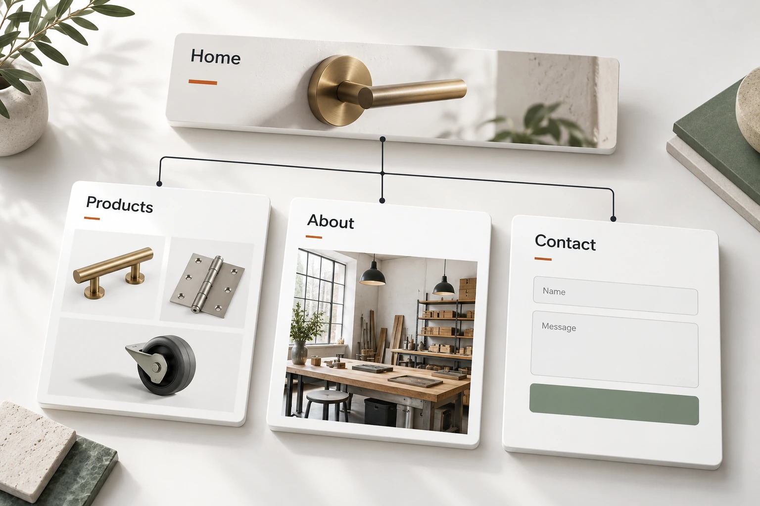 A homepage branches clearly into distinct product, about and contact pages, each showing its own purpose.