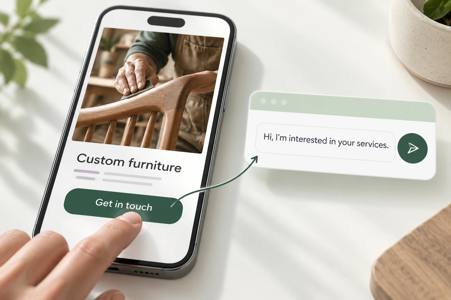 A prominent mobile enquiry button opens a short ready-to-send business message.