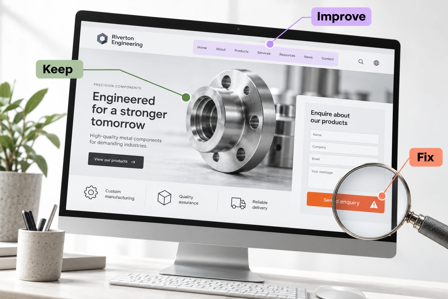 An existing page is reviewed with clear markers for what to retain, improve and repair.