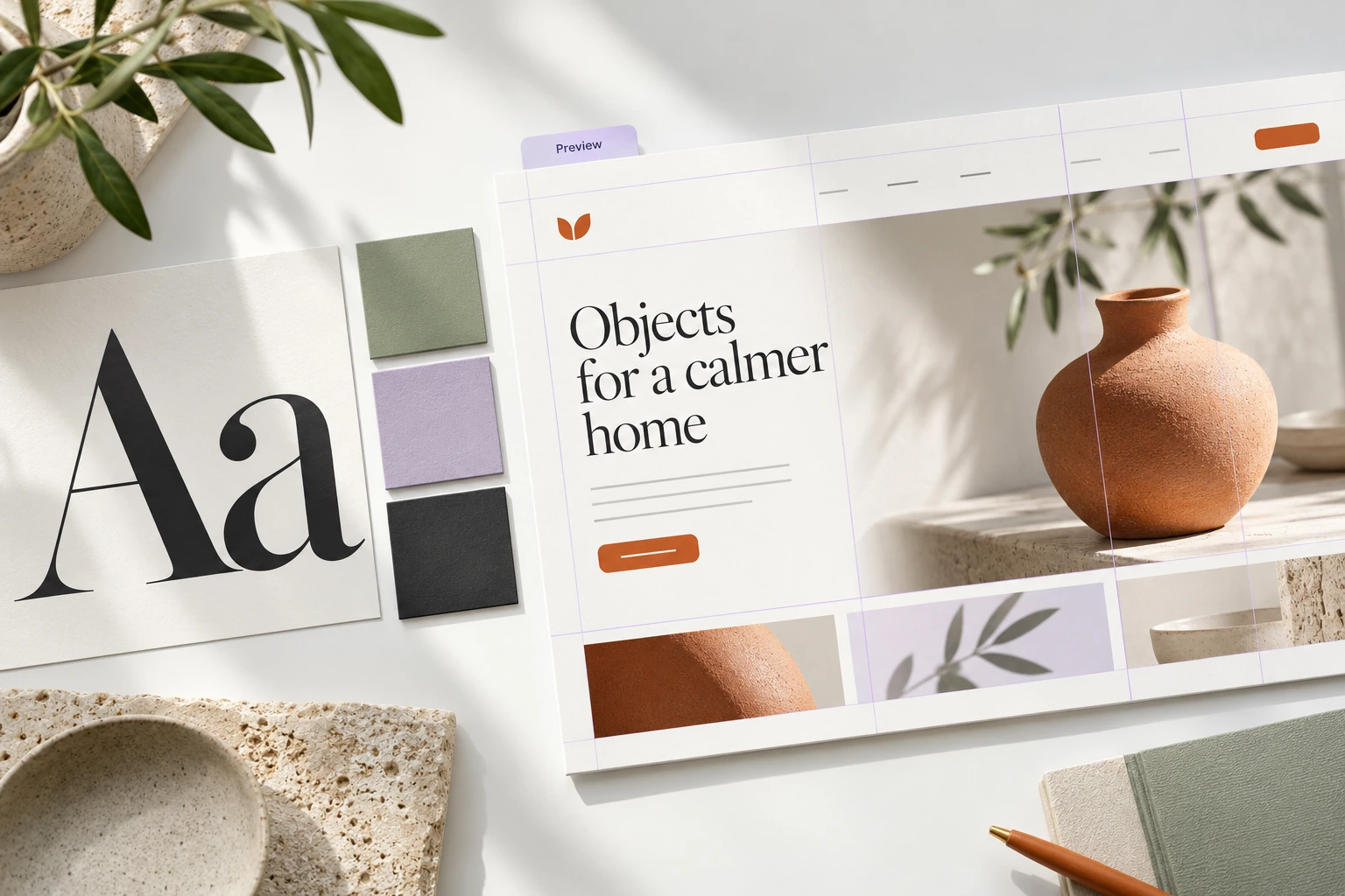 Typography, colour swatches and an early page layout communicate a proposed design direction.