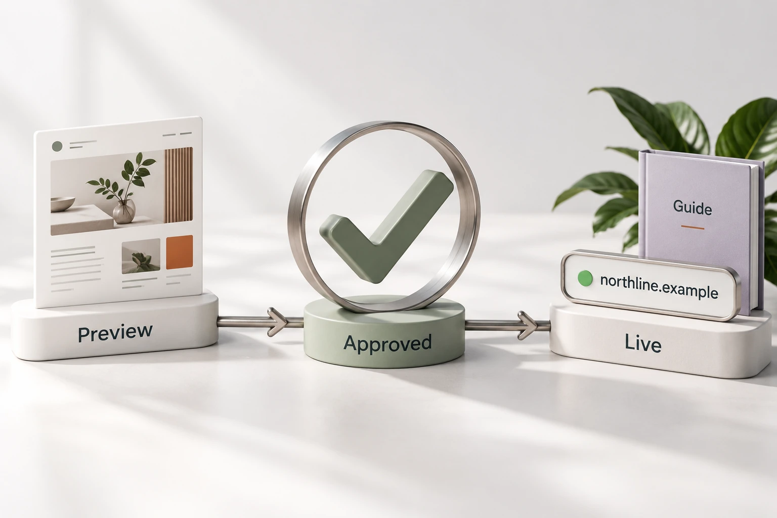 Approval acts as the checkpoint between a private preview and a live website, with a clear handover.