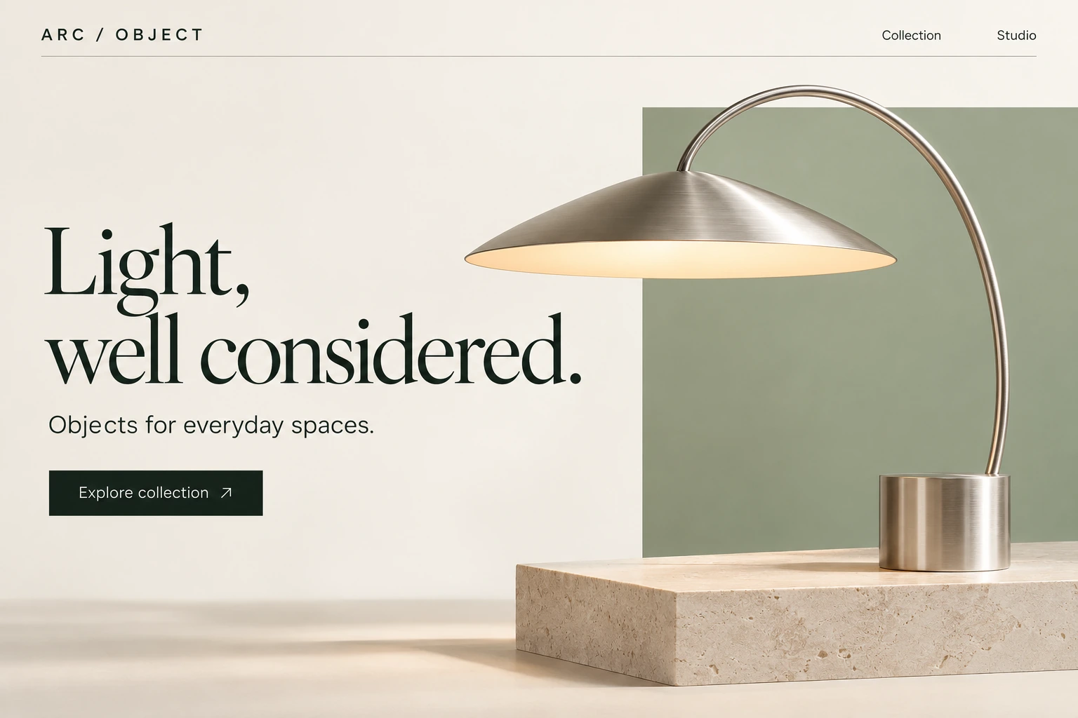 Original lighting website design study: ARC / OBJECT, a sculptural metal lamp and editorial typography.