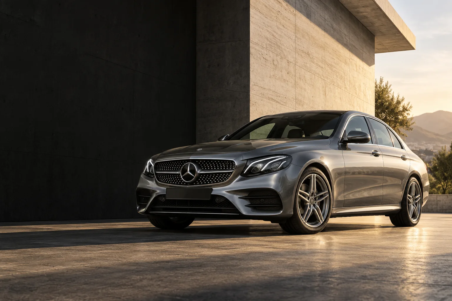 Mercedes-Benz plateado bajo la luz del sol, imagen ilustrativa