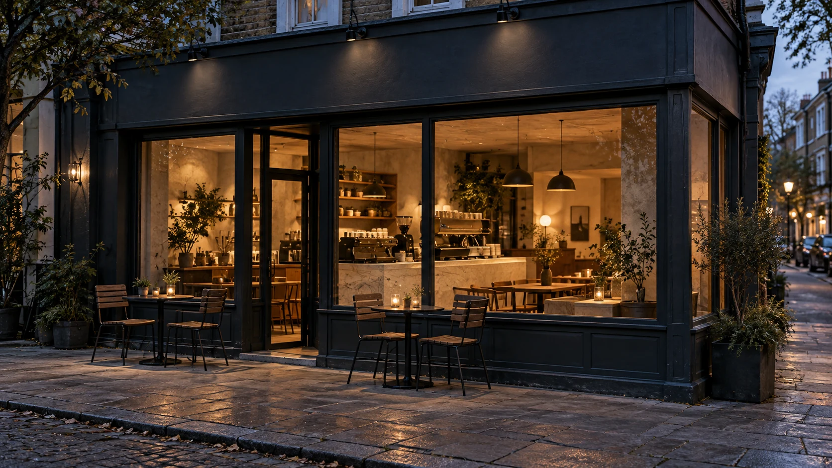 AI-generated neighbourhood café façade, fictional Off Hours concept