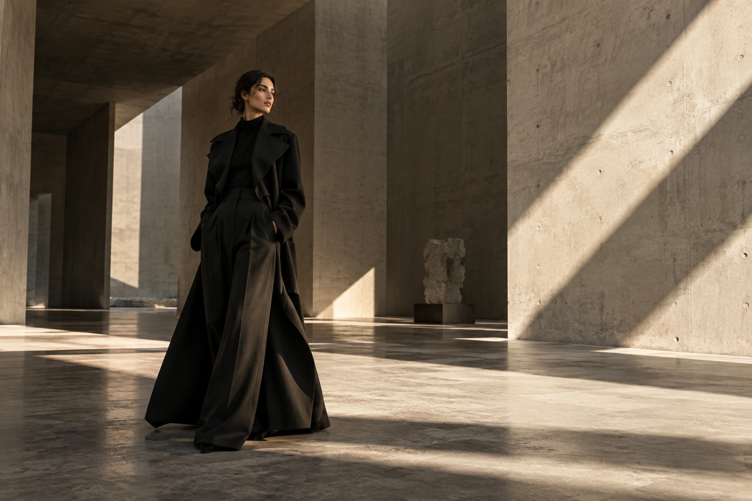AI-generated fictional fashion editorial: black clothing in an architectural gallery setting.