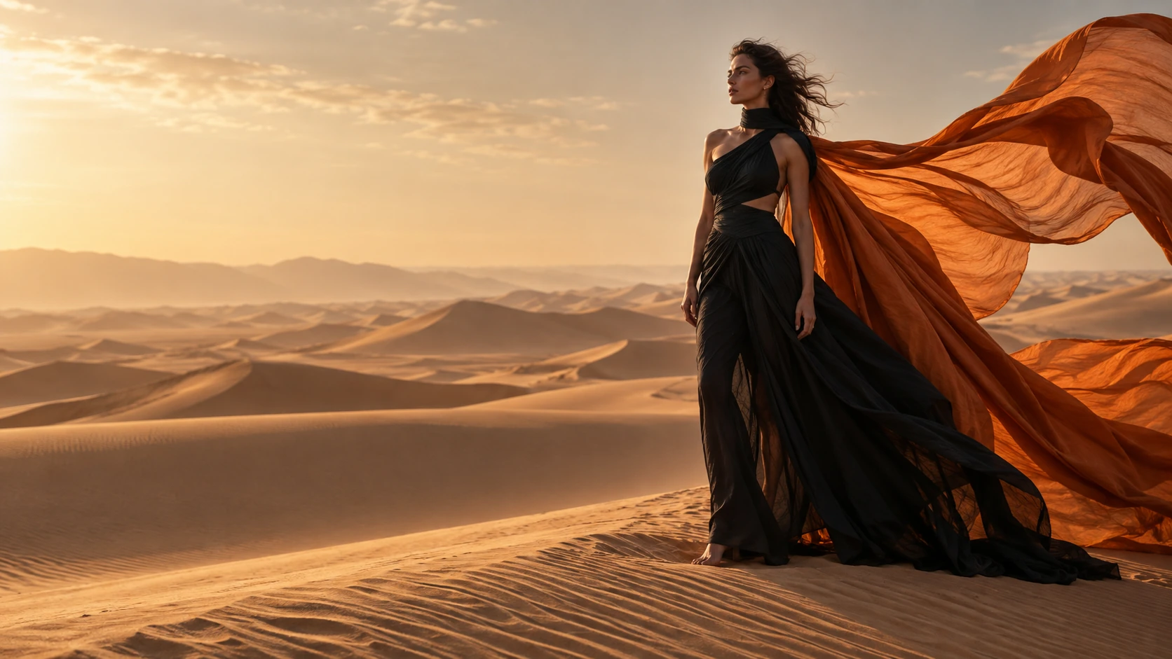 AI-generated fictional fashion editorial: a figure and flowing fabric in a dune landscape.