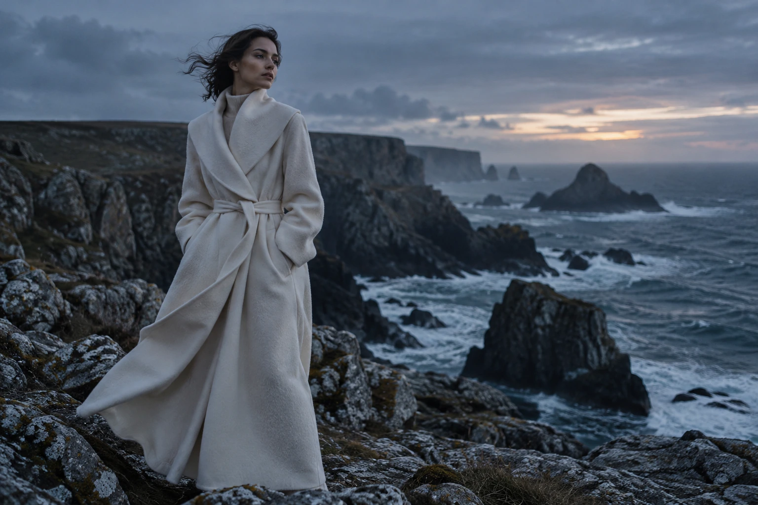 AI-generated fictional fashion editorial: ivory clothing in an Atlantic coastal setting.