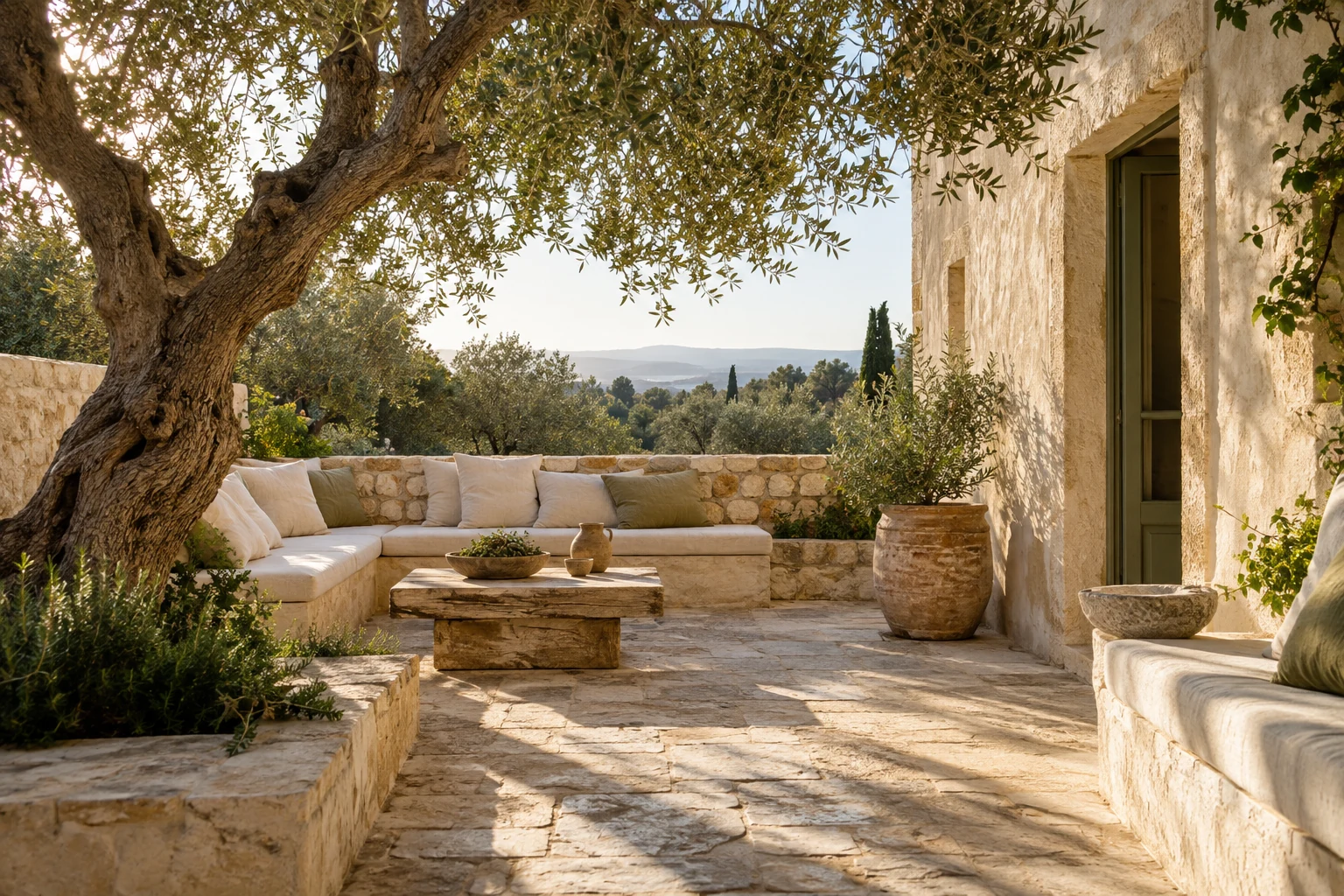 AI-generated Mediterranean olive courtyard — a separate imagined destination