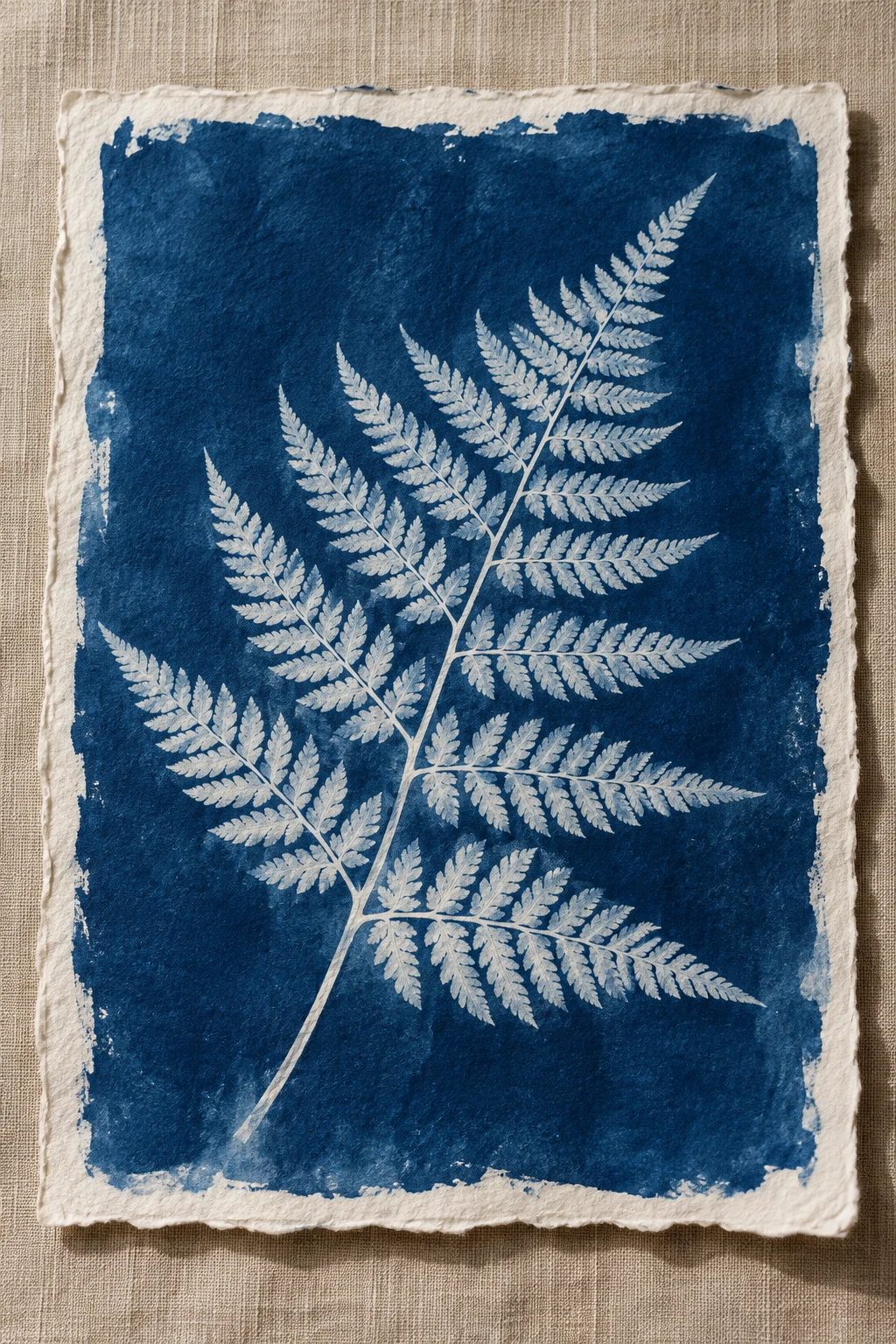 AI-generated photographic study of a botanical cyanotype print on paper